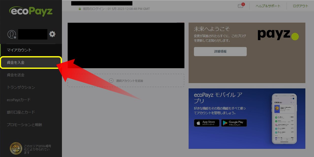 【資金を入金】のボタンをクリック